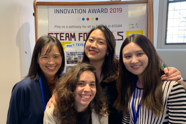 Three students with Grace Kwon