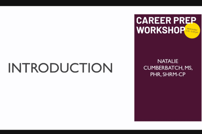Slideshow snapshot of the introduction page of Career Prep Workshop presentation
