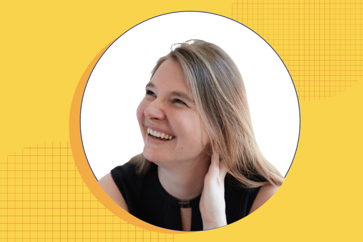 image of smiling person, framed in a white circle, on a yellow background