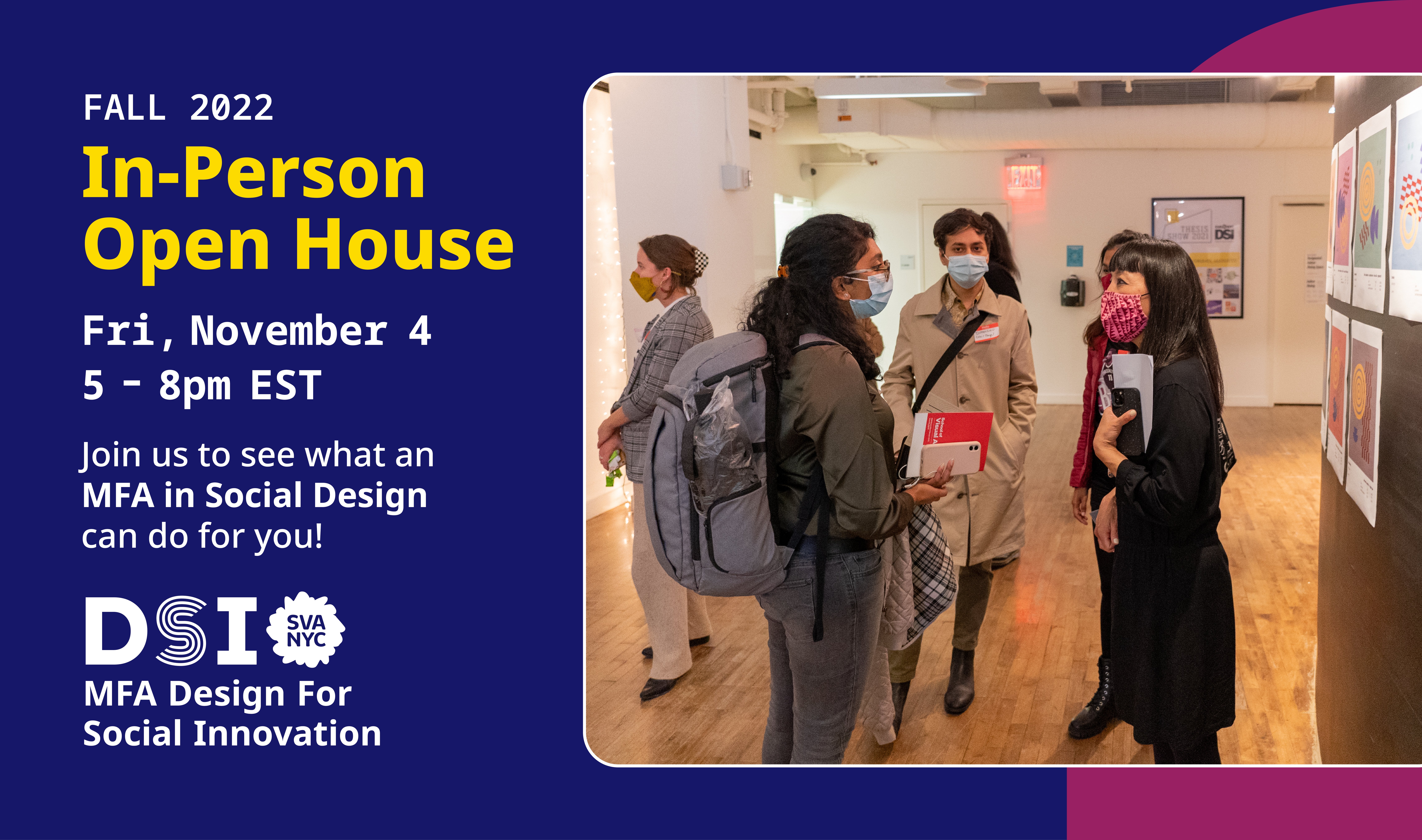 An image of people conversing in front of artwork hanging on a black wall. The image is on a background that is dark blue, and there is a rounded magenta shape on the right, behind the image.