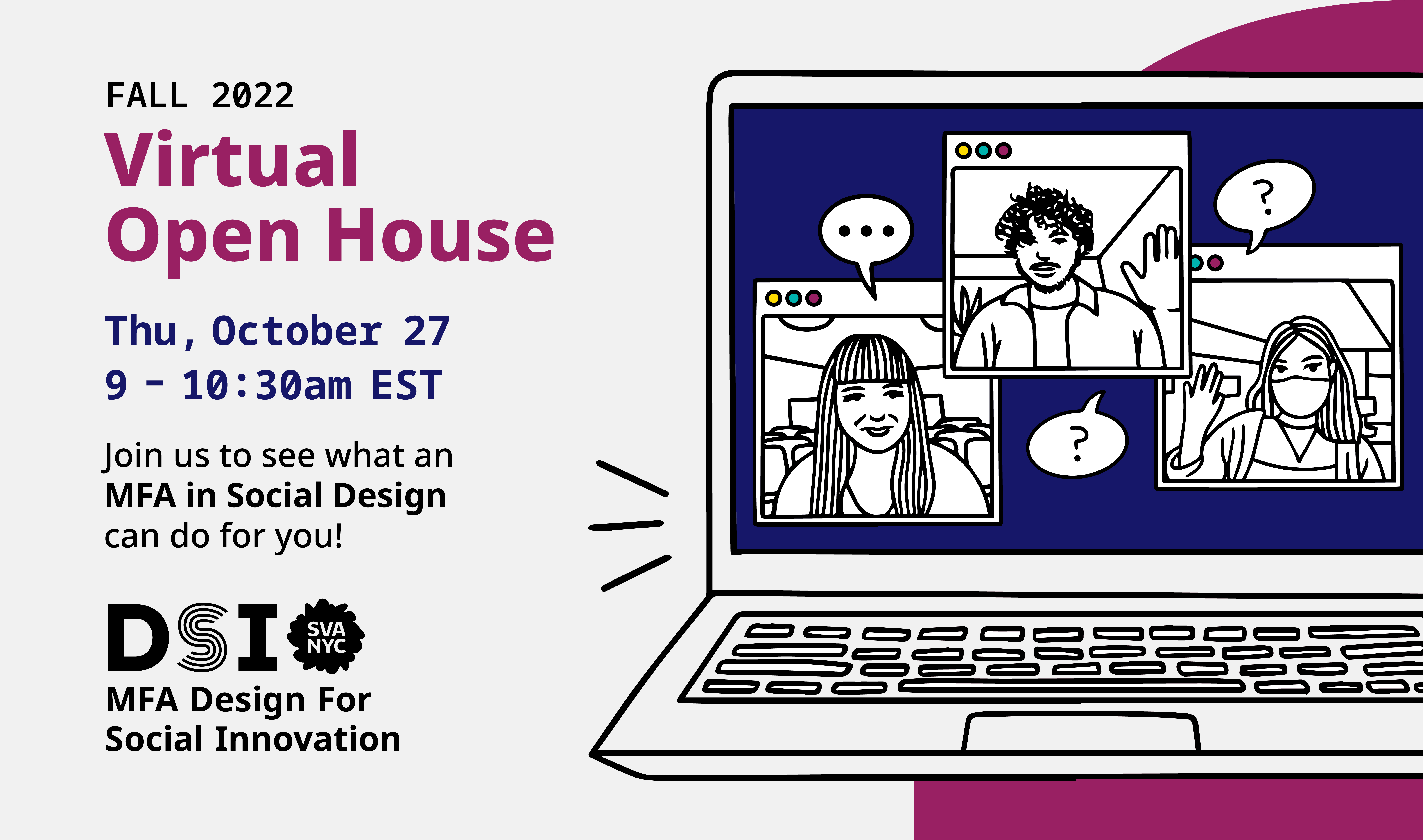 A drawing of a computer with a blue screen. The screen has drawings of different people engaged in a video call with speech bubbles coming from their mouths. In the background, there is a large rounded magenta shape.